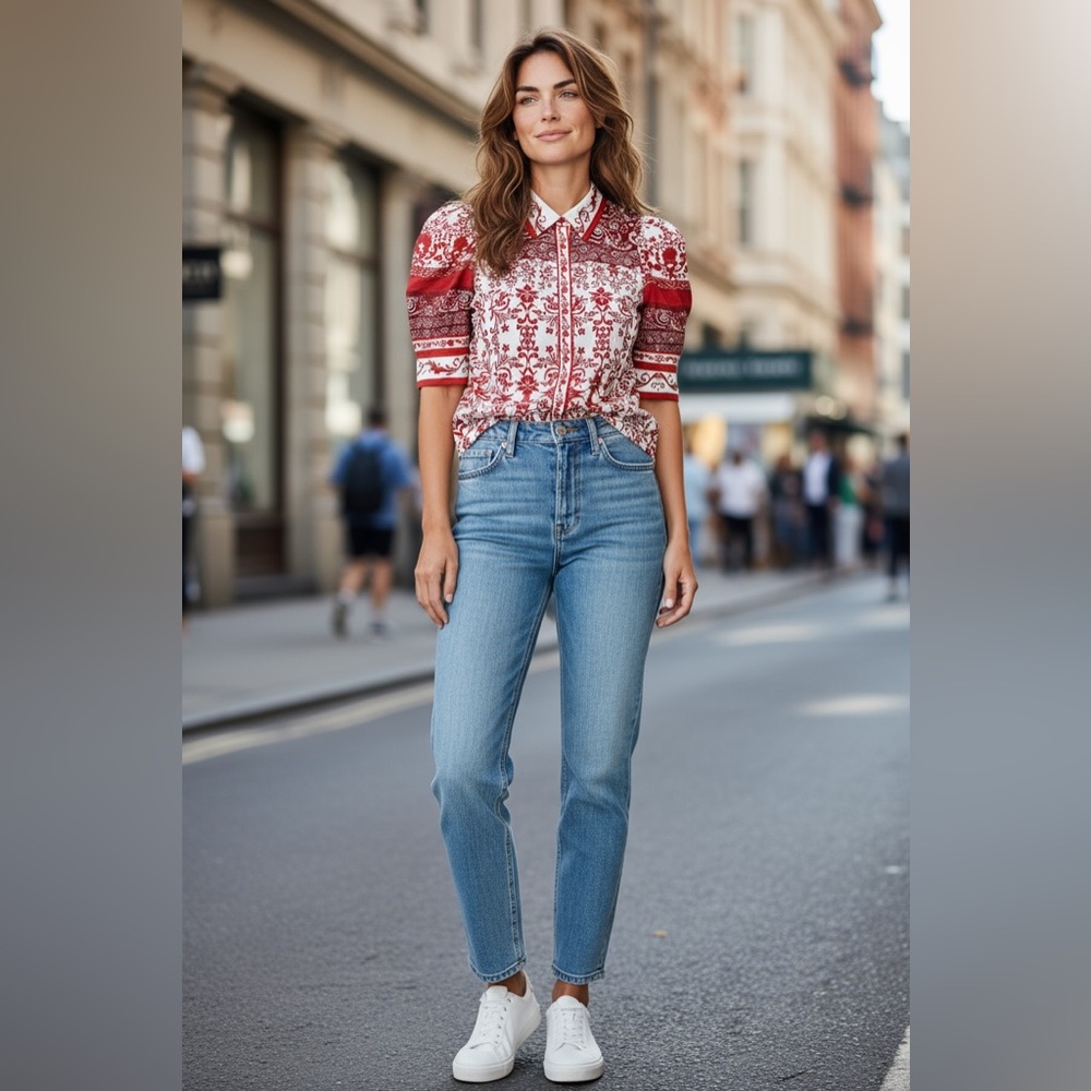 Alice + Olivia Floral Red and White Blouse